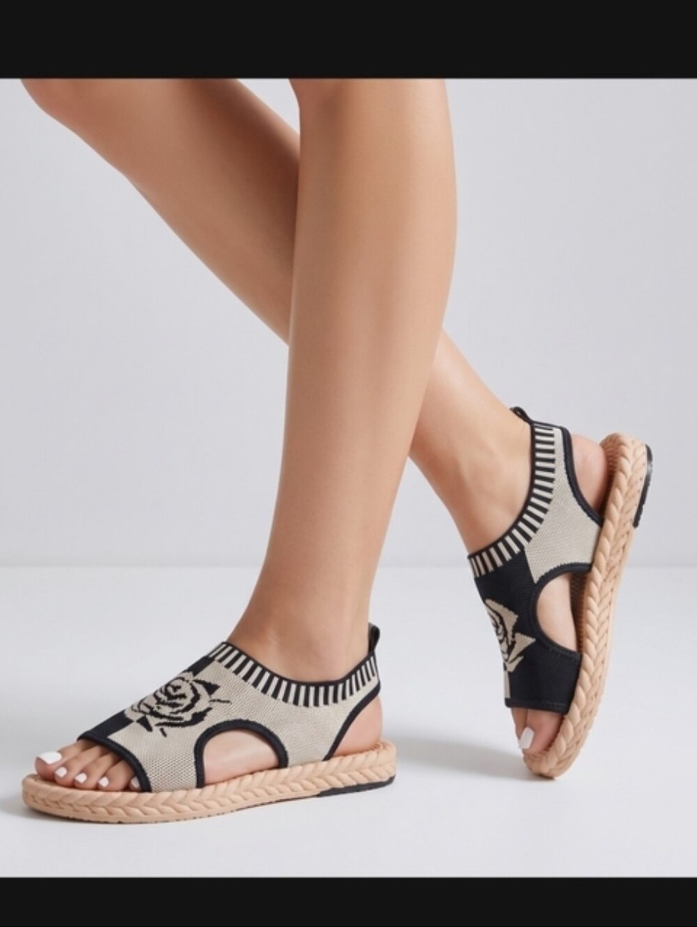 Neutral Floral Knit Slip-On Sandals with Braided Sole Women's Size 7